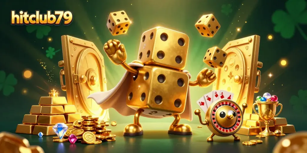 Experience the excitement of hitclub79 with a lively 3D casino scene of characters and treasures.