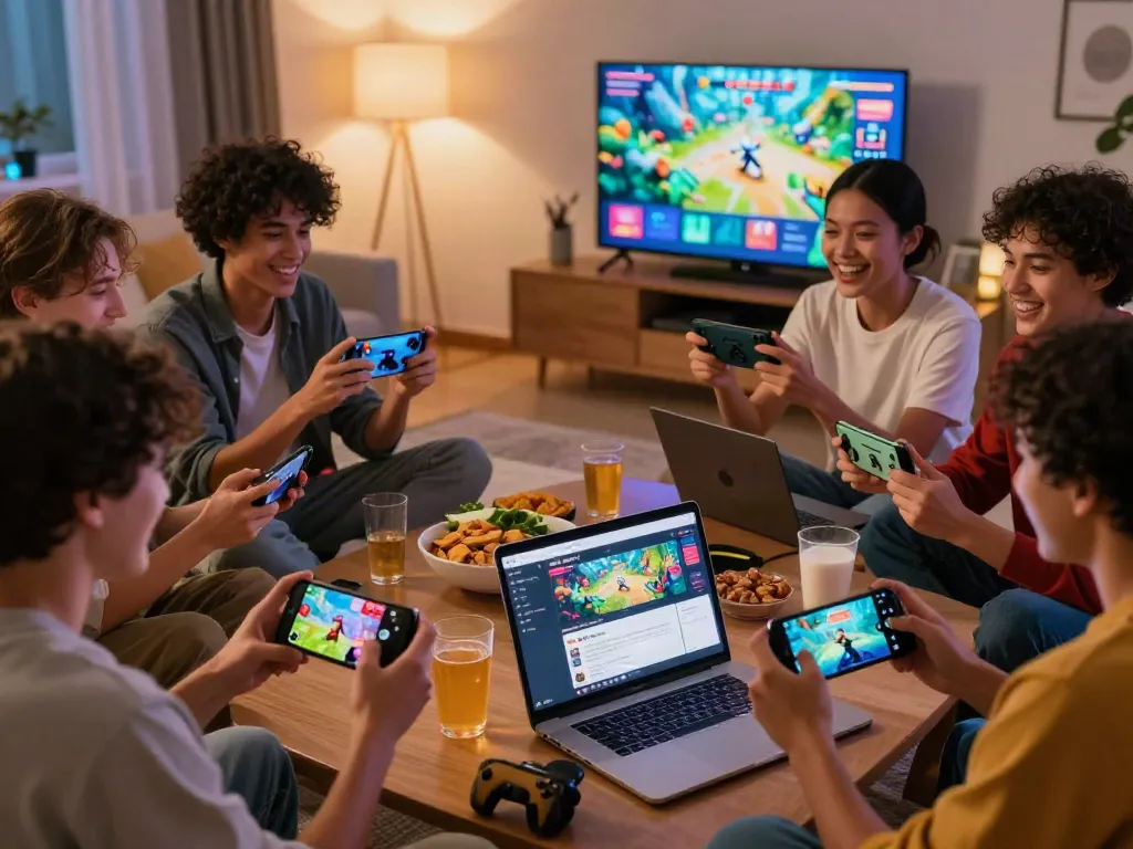 Friends enjoying gaming on GARUDA404 platform in cozy living room.