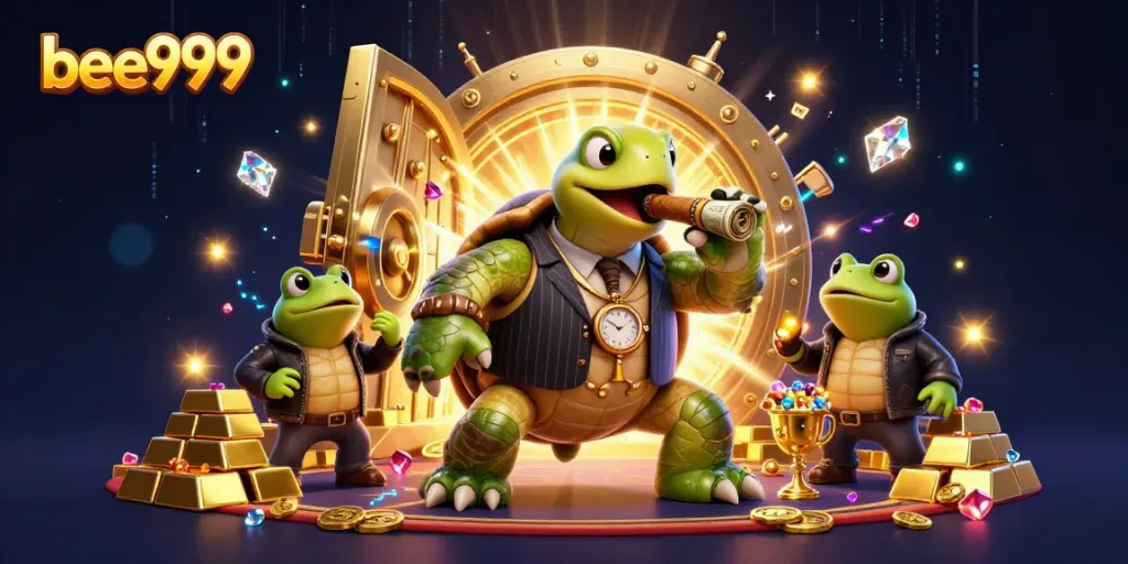 Experience the excitement of bee999 with a dynamic casino scene featuring playful characters and treasures.
