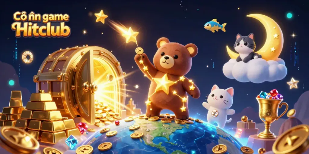 Cổng game Hitclub showcases a dynamic illustration with a constellation bear and vibrant casino elements, symbolizing online gaming.