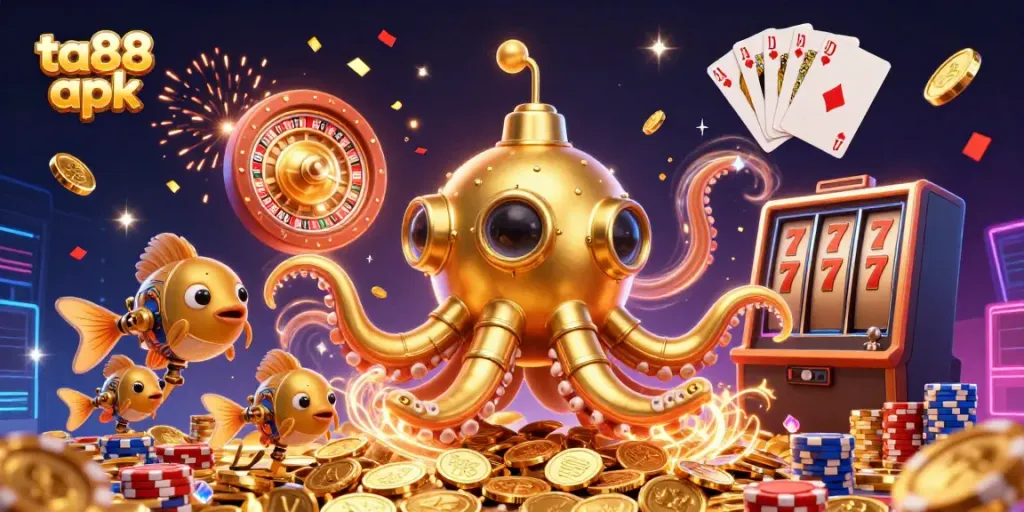 Engage in thrilling gaming with ta88 apk, featuring a dynamic kraken submarine amid golden coins and exciting casino elements.