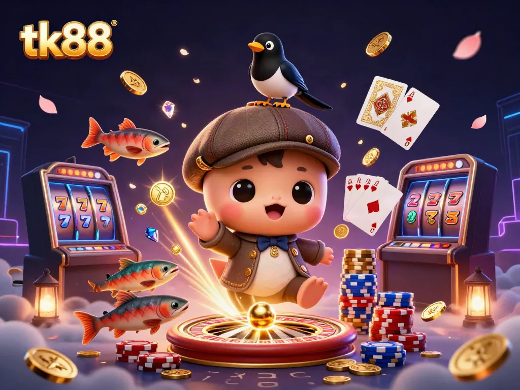 Experience tk88's vibrant casino world featuring a playful Nessie amidst gaming excitement.