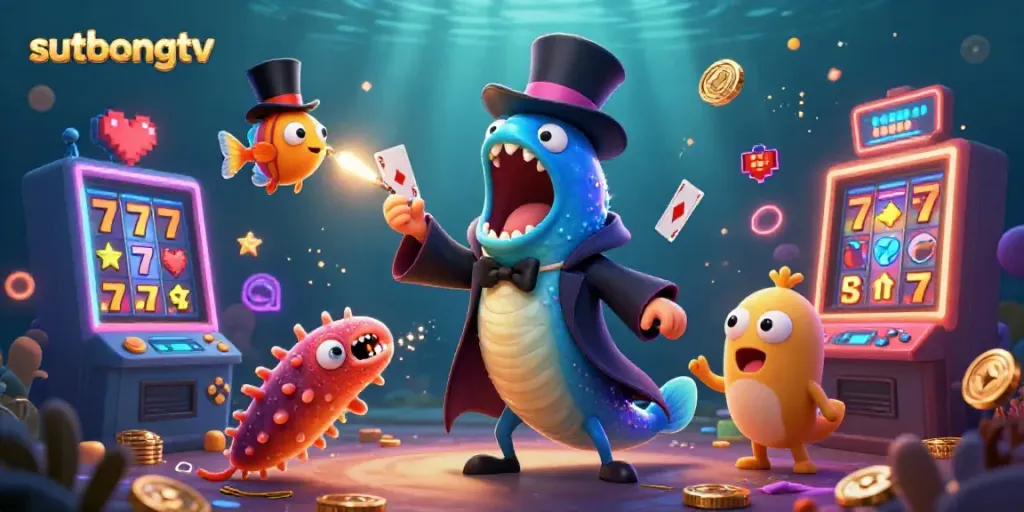 Sutbongtv brings an exciting online casino vibe with a bioluminescent eel performing magic tricks amidst colorful slot machines.
