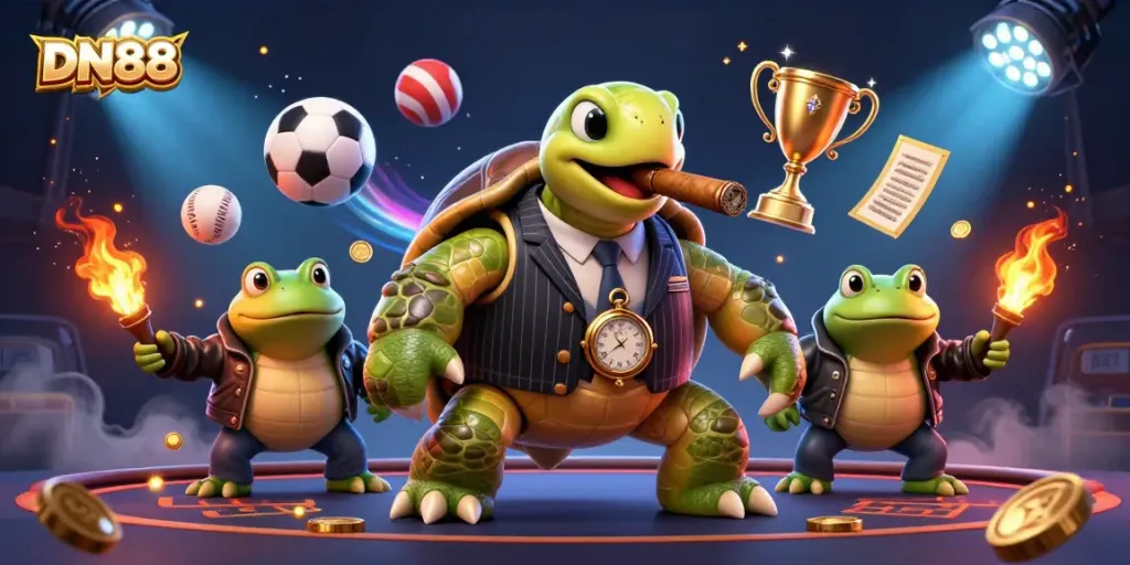 Experience the vibrant energy of DN88 with a massive snapping turtle in a vintage suit and dynamic casino elements.