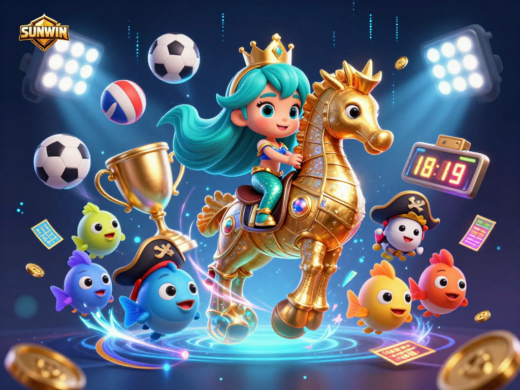 SUNWIN invites players to win in a colorful underwater adventure with a mermaid princess on a seahorse surrounded by sports elements.