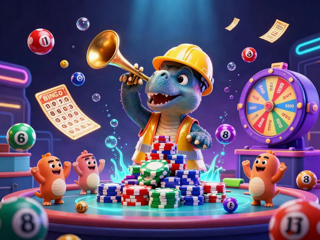 Join the celebration at AE888 with a cheerful triceratops stacking poker chips in a vibrant casino scene.