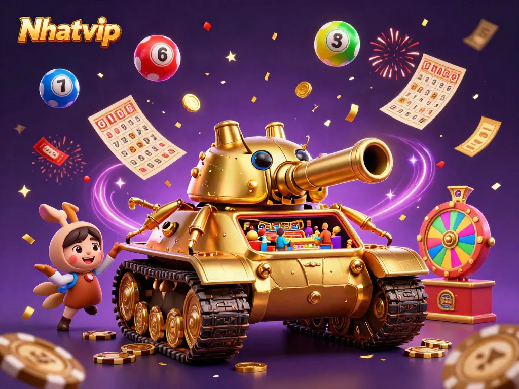 Nhatvip’s vibrant casino experience showcased with golden beetle tank and dynamic lottery elements.