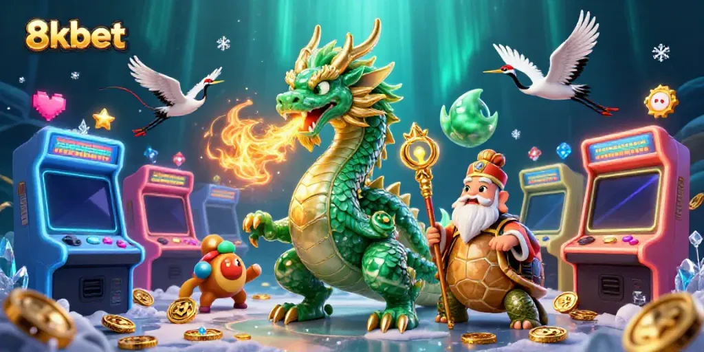 Experience the excitement of 8xbet with a dragon, turtle sage, and lucky cranes in a vibrant casino scene.