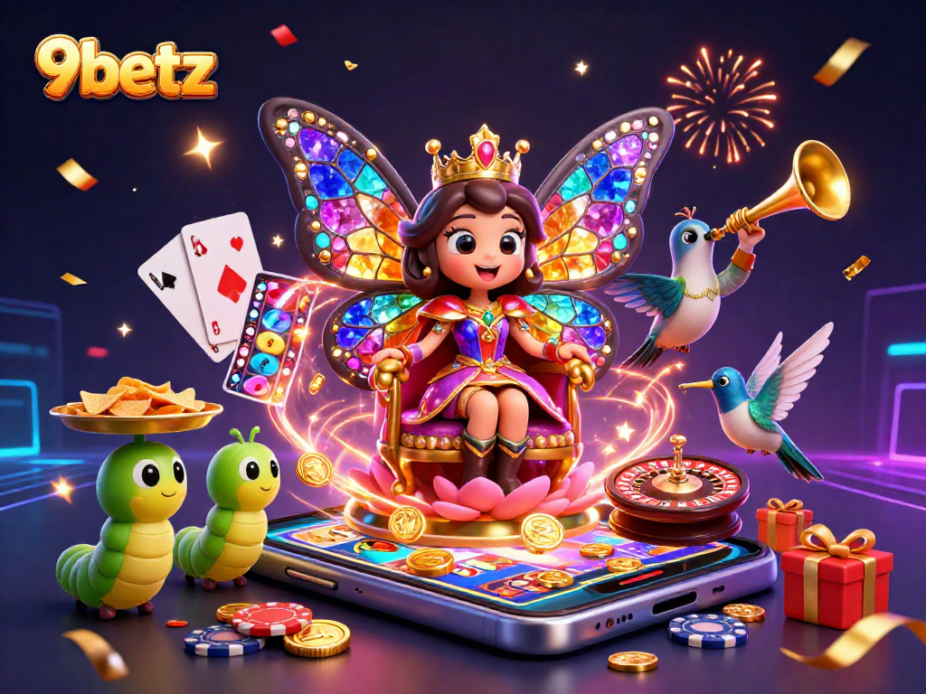 Experience the excitement of 9betz with a vibrant fantasy casino illustration filled with games and celebrations.