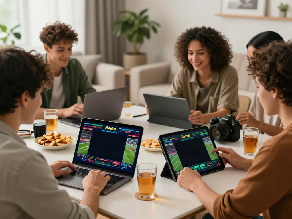 Friends enjoying sports betting on five88 at home, engaging and lively atmosphere.