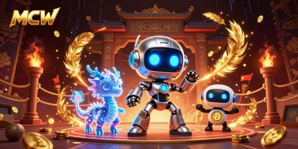 Engage with MCW's vibrant casino world featuring a cyberpunk robot and holographic dragon.