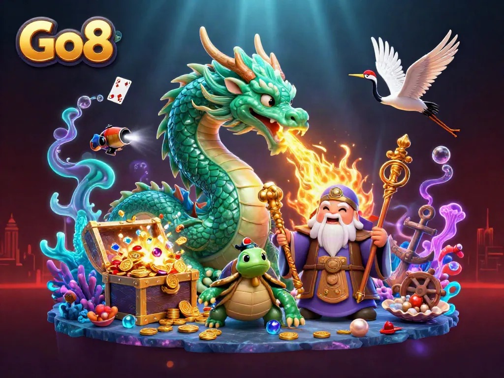 Experience excitement with Go8's dynamic gaming scene featuring a jade dragon and treasure.