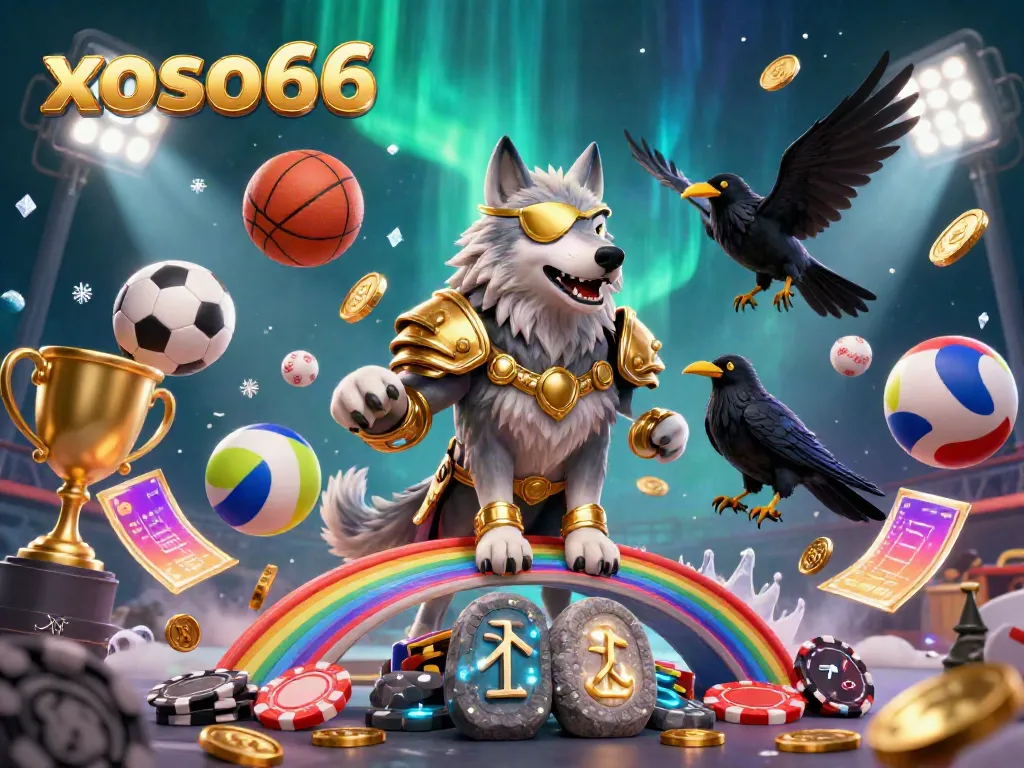 xoso66 reveals a dynamic Norse gambling scene featuring Odin's wolf, sports balls, and dazzling colors.