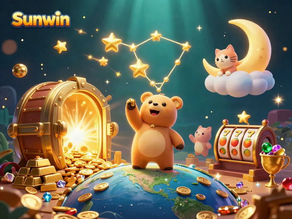 Win big with Sunwin in an engaging casino-themed illustration full of gold and gems.