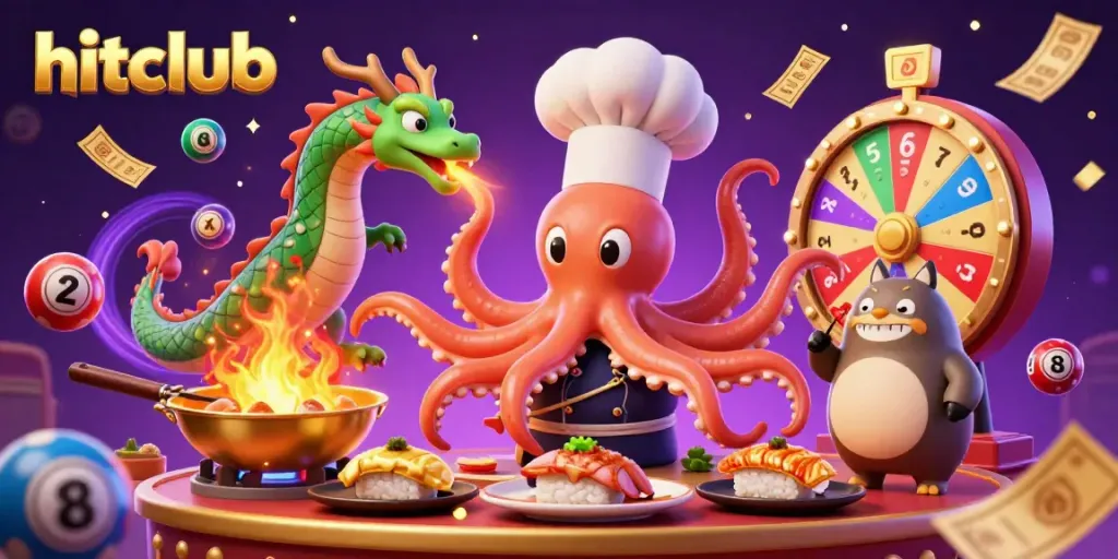 Experience the thrill of hitclub with our vibrant 3D casino illustration showcasing colorful lottery balls and a sushi chef octopus.