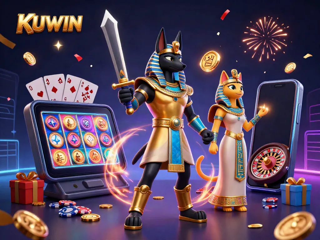 Win big at KUWIN with ancient Egyptian characters in a vibrant casino-themed digital illustration.