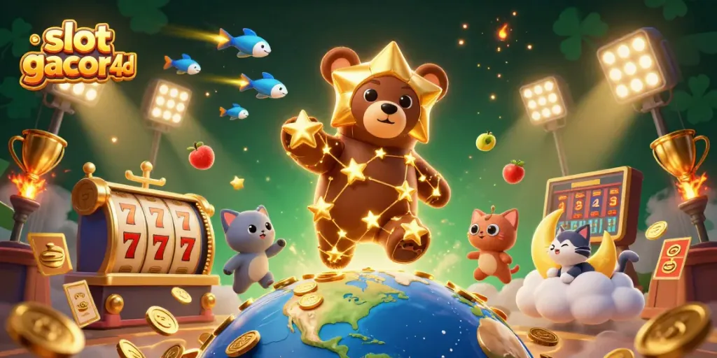 Slot gacor 4d menampilkan beruang bintang mengumpulkan koin dengan simbol permainan slot.