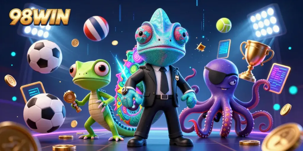 Engage with the thrilling atmosphere of 98WIN, showcasing dynamic characters and vibrant casino elements.