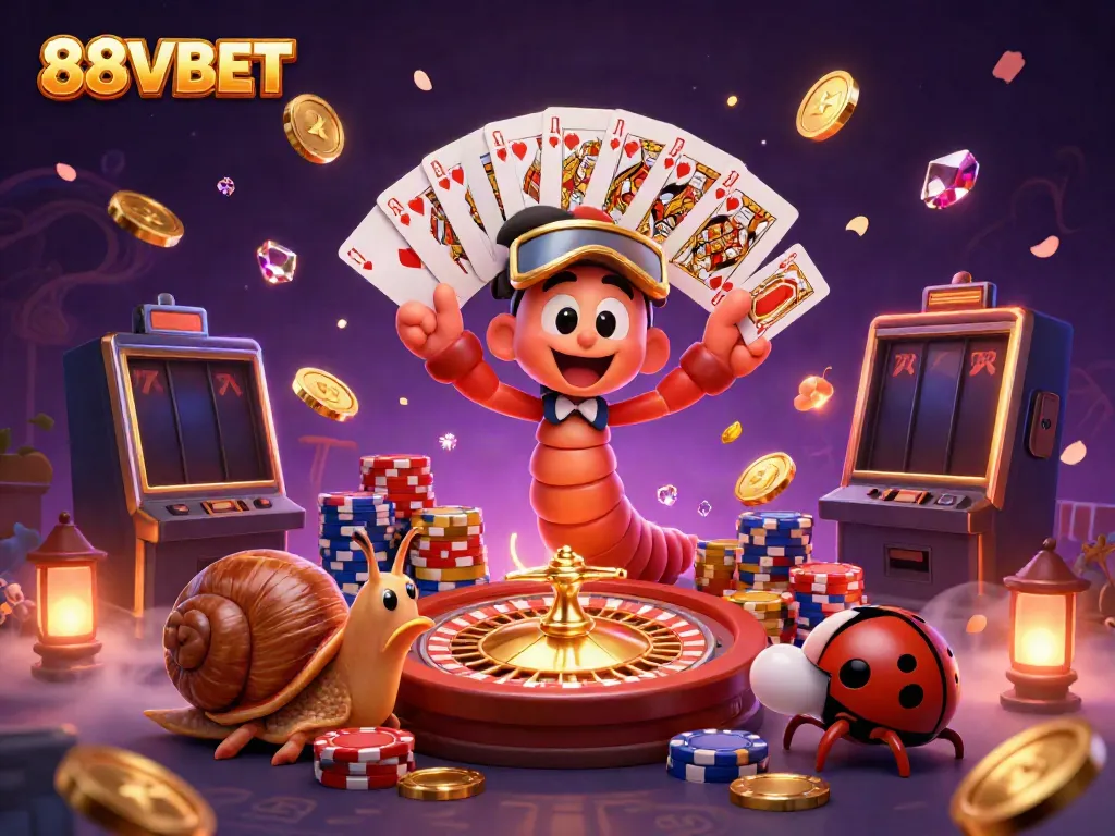 Experience the excitement of 88VBET with a colorful casino scene featuring a millipede dealer and high-roller snail.