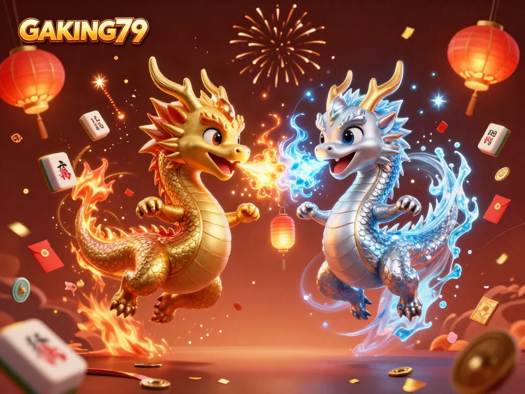 Engaging illustration of GAKING79 featuring twin dragons, celebrating with vibrant casino elements.