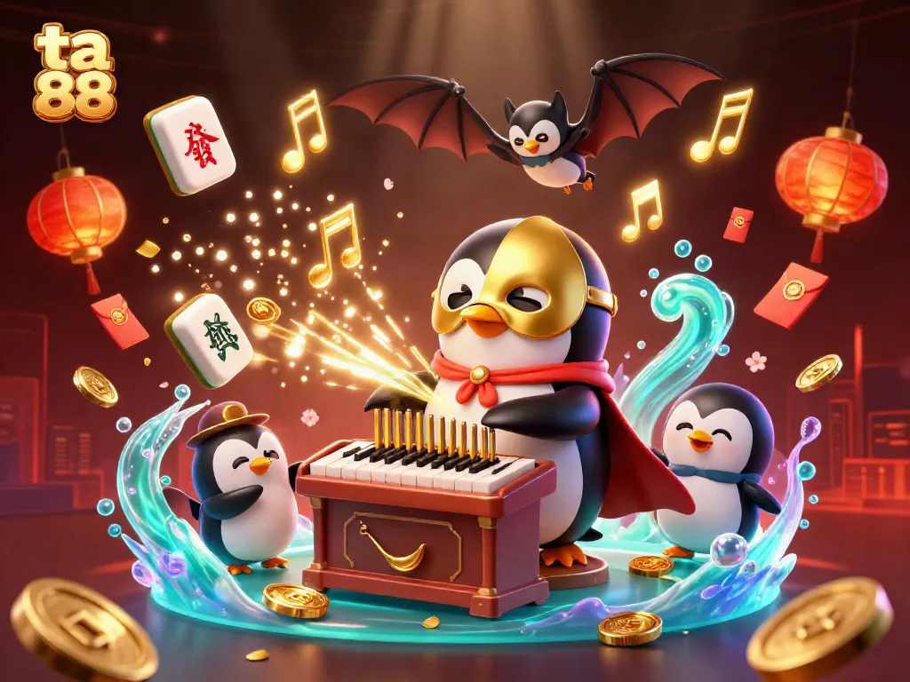 Experience the excitement of ta 88 gaming as the penguin plays, launching coins in a vibrant casino scene.