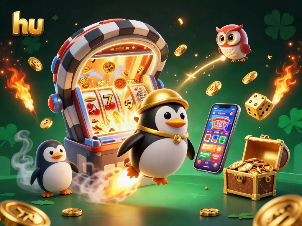 Experience thrilling gameplay at hu with a golden penguin and casino excitement in a vibrant design.