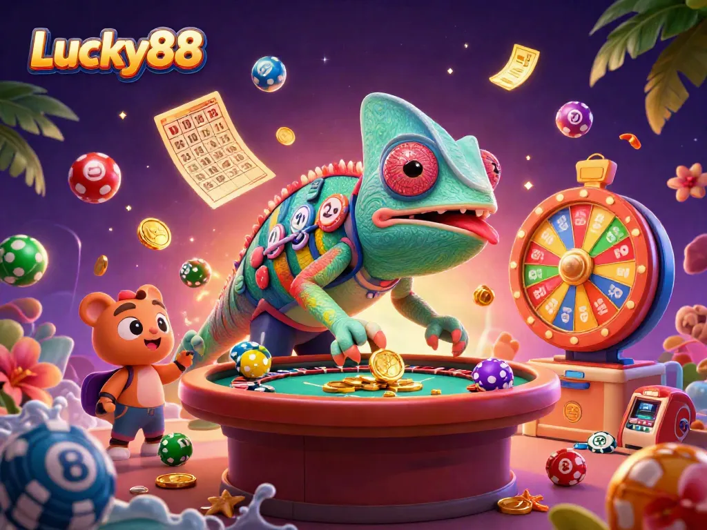 Experience the vibrant gaming atmosphere of Lucky88 with a colorful 3D illustration showcasing the chameleon casino owner amidst dynamic gambling elements.