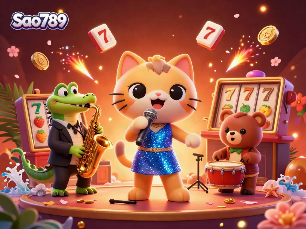 Sao789 players enjoy vibrant casino stage entertainment with a cartoon cat, crocodile, and bear.