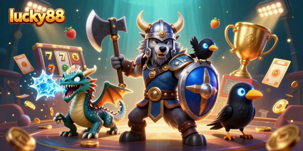 Play to win at lucky88 with a vibrant scene featuring a Viking wolf warrior, dragon, and mystical elements.