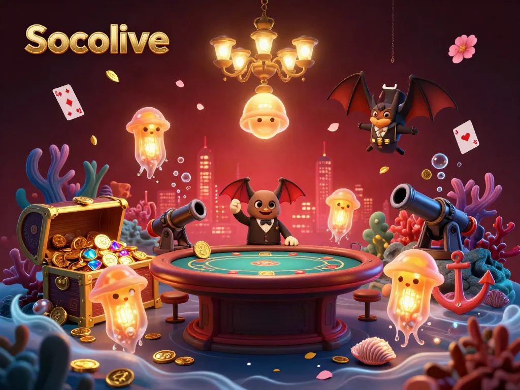 Socolive illuminates the underwater casino experience with glowworms as mini chandeliers amidst vibrant gaming action.
