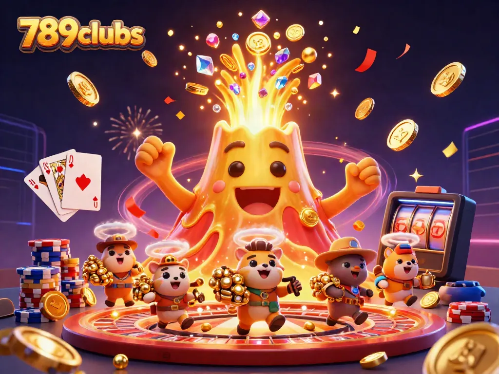 Experience the excitement of 789clubs with a golden volcano erupting coins and treasures in a vibrant casino scene.