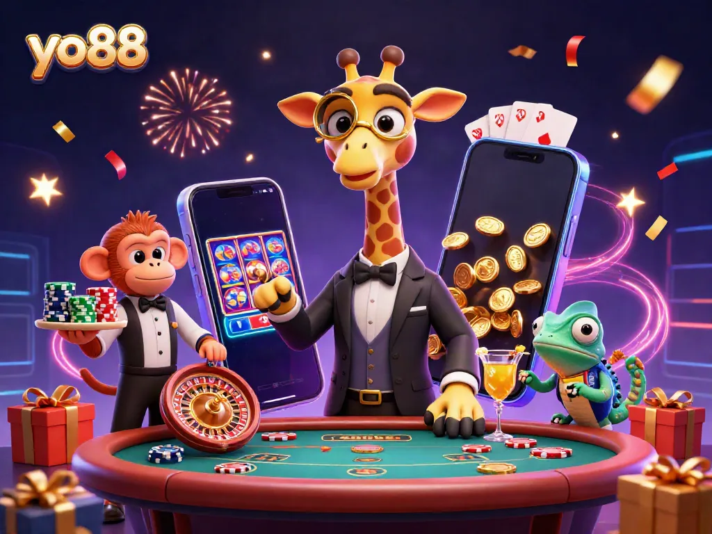 Experience thrilling gameplay at yo88 with a high-roller giraffe and monkey valet in a vibrant casino scene.