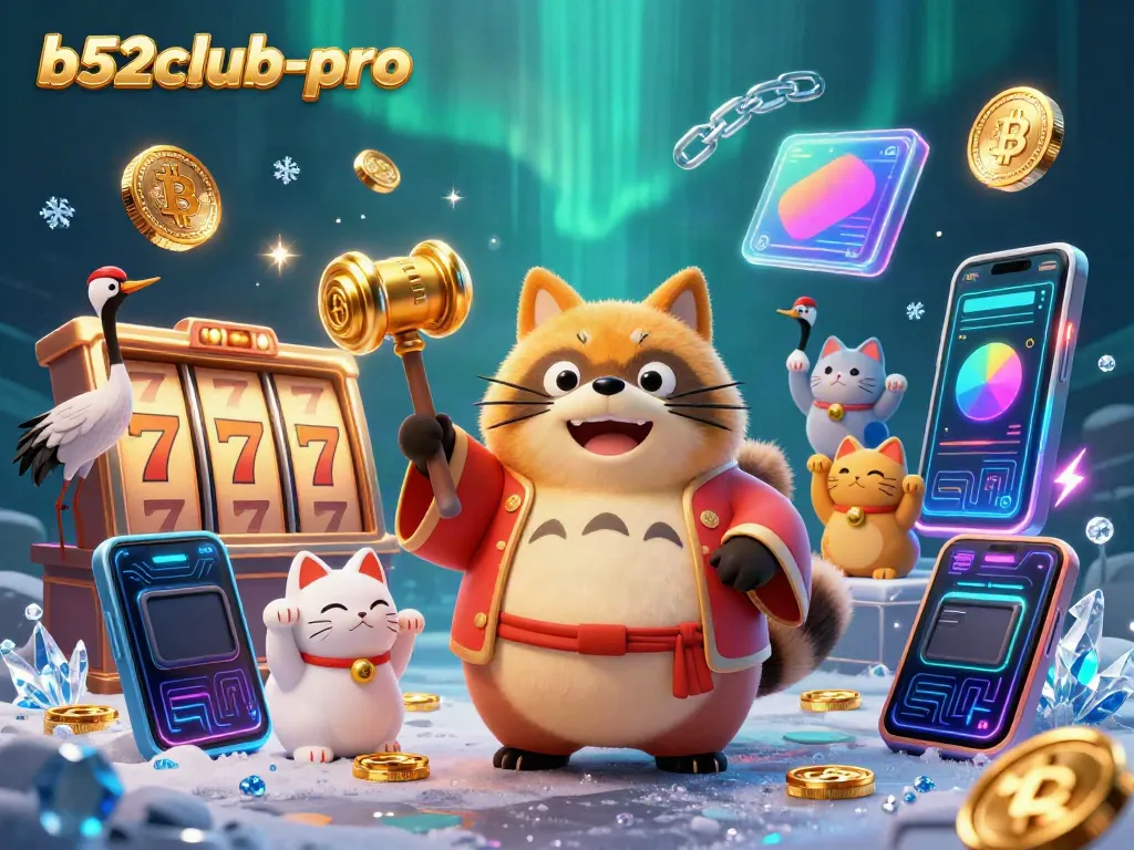 Play exciting slots with b52club-pro featuring a cheerful tanuki and crypto elements in a festive scene.