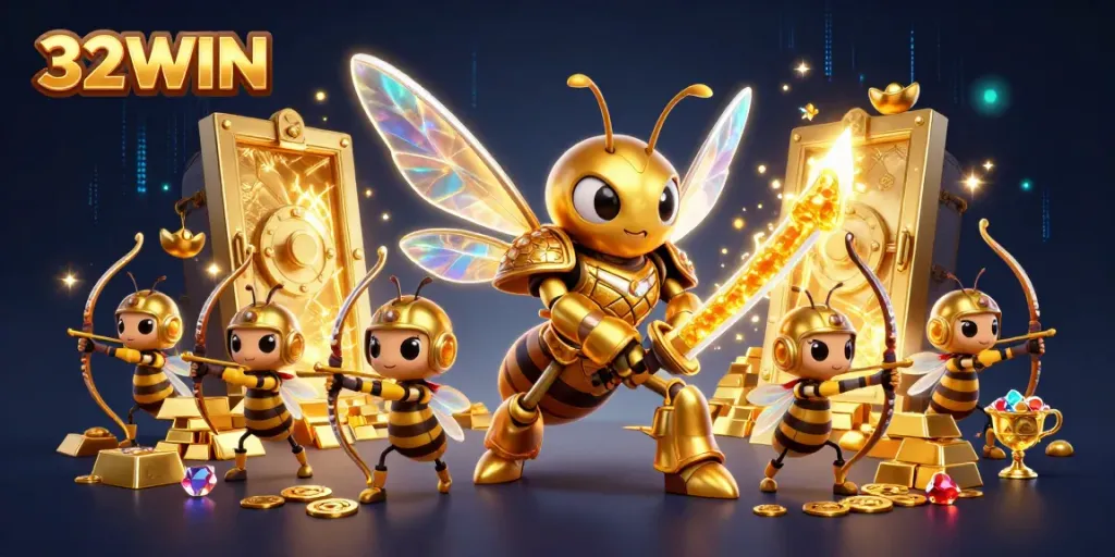 Experience thrilling gameplay with 32WIN showcasing treasure and excitement in a vibrant casino scene.