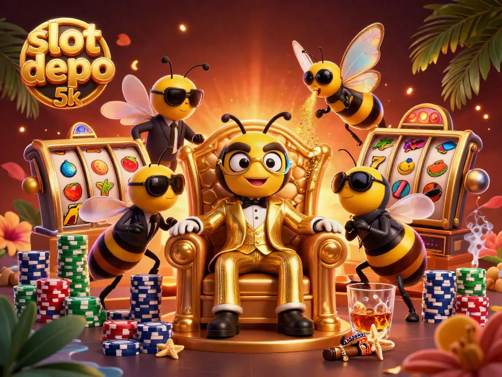 Engage with thrilling action in slot depo 5k, featuring a buzzing bumblebee mob boss amid colorful slot machines.