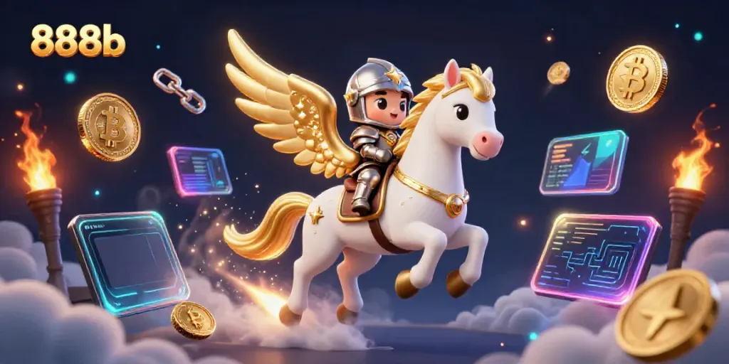 Engage with the exciting world of 888b, featuring a celestial horse soaring through a digital casino landscape.