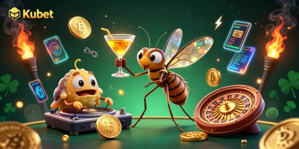 Kubet showcases vibrant casino scenes with a frozen mosquito mascot, trilobite DJ, and more.