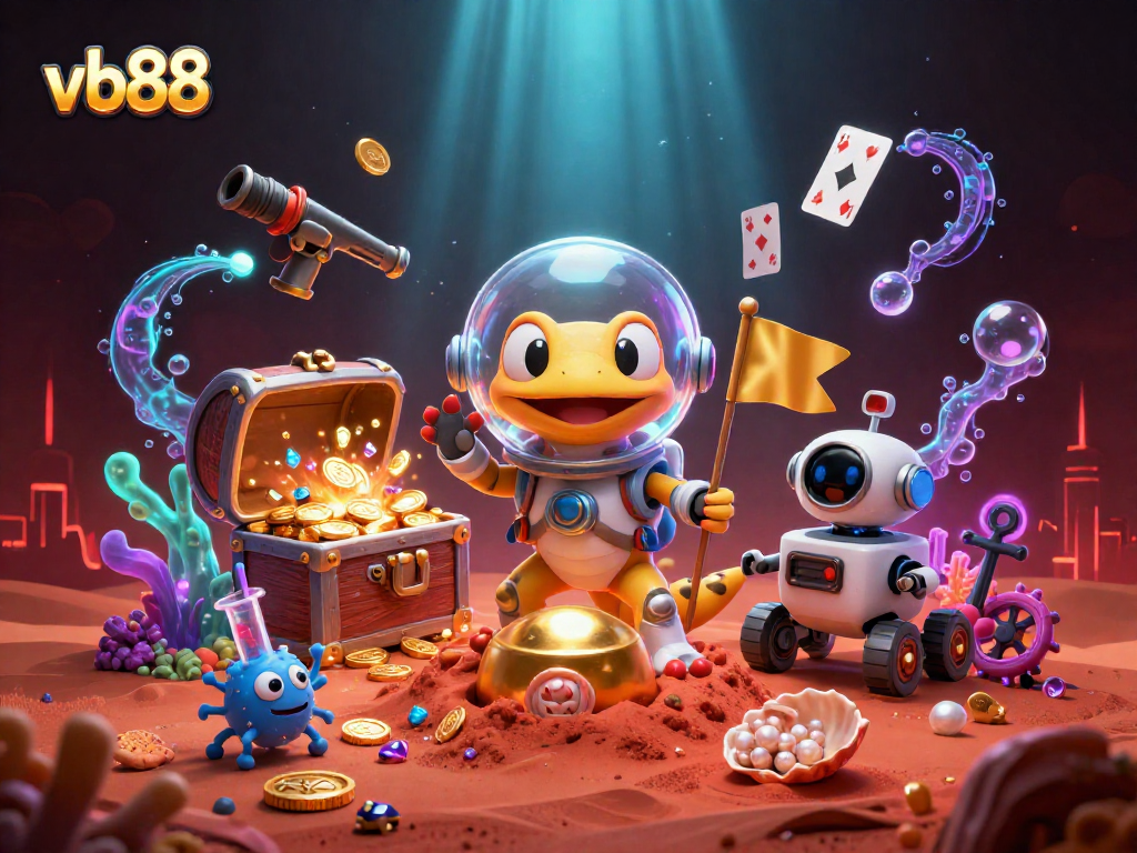 Win big at vb88 with this vibrant casino scene featuring a gecko in a space suit discovering treasures!