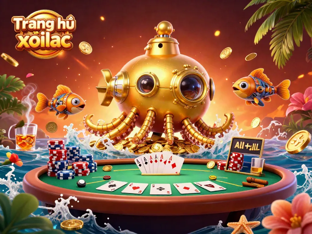 Engage with Trang chủ xoilac while exploring a vibrant 3D scene of a kraken submarine amidst golden coins and poker elements.