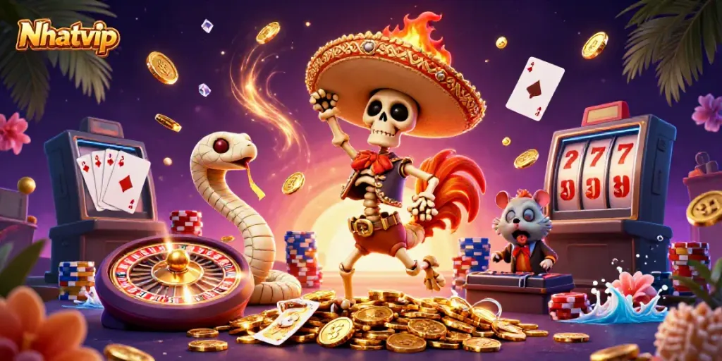 Experience thrilling wins with Nhatvip casino gaming, featuring vibrant characters and exciting elements.