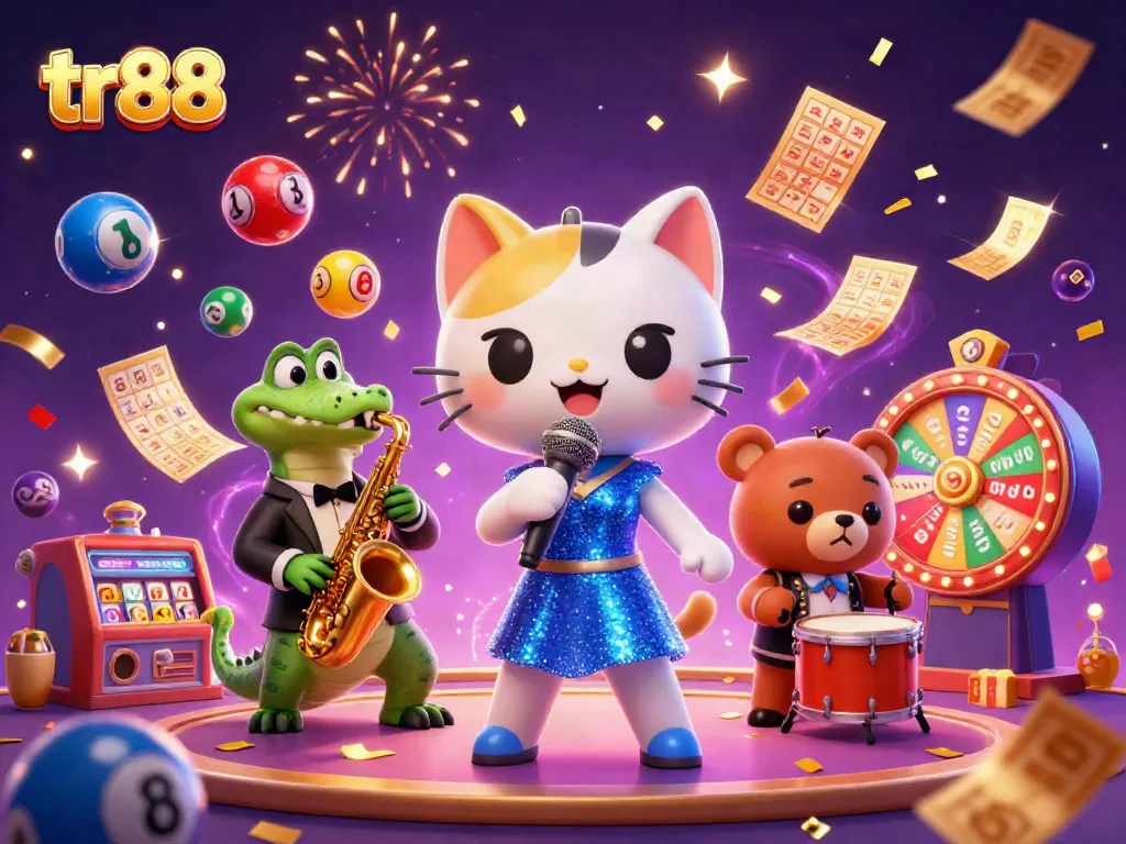 tr88 lively casino illustration with jazz-singer cat and gaming elements for a vibrant experience