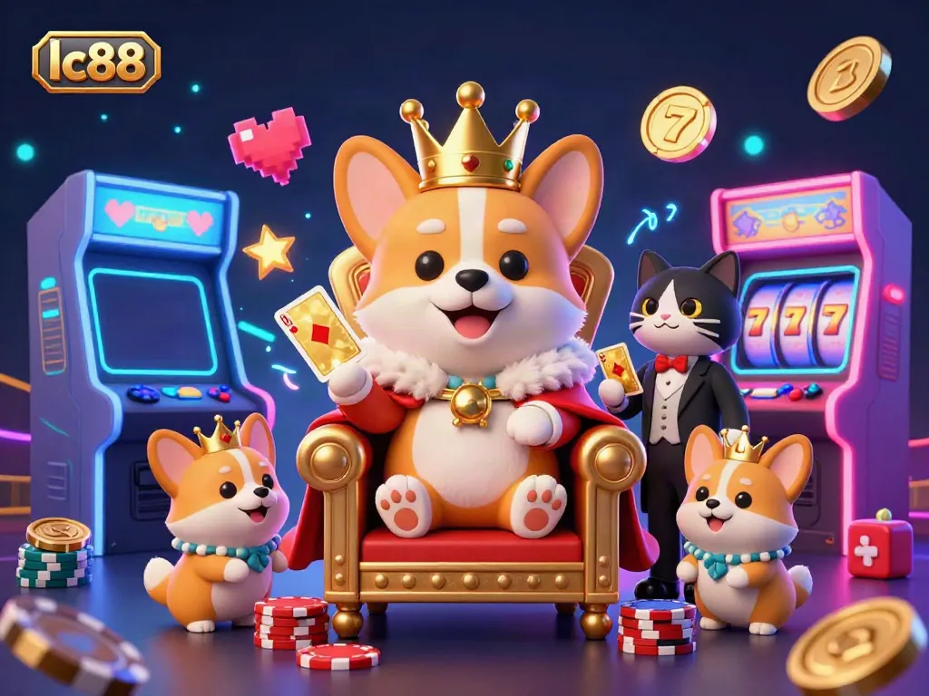 Engage in the vibrant world of lc88 with royalty-themed gambling elements featuring a crowned corgi hosting a lively casino scene.