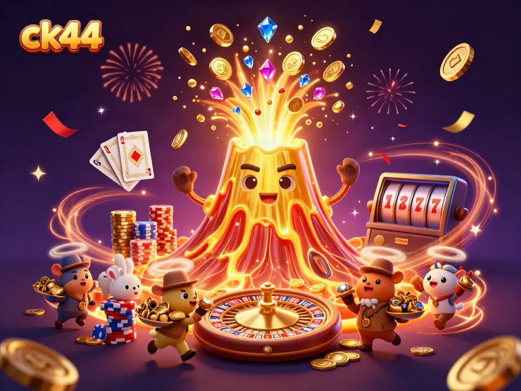 Experience the thrill of ck44 with a jubilant volcano, explorer animals, and vibrant casino elements.