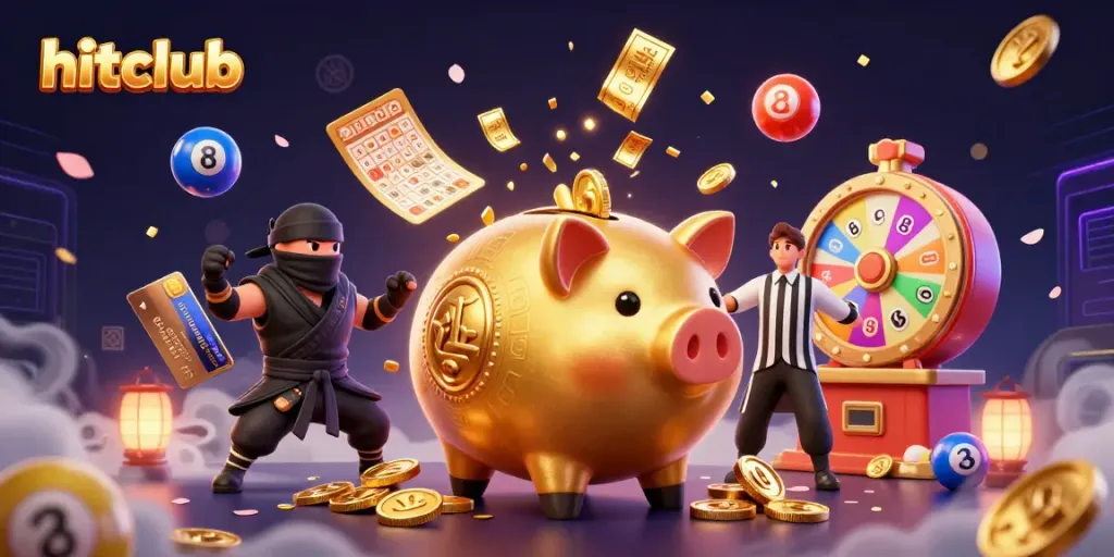 Engage winning strategies with hitclub in this vibrant 3D casino illustration filled with dynamic gaming elements.