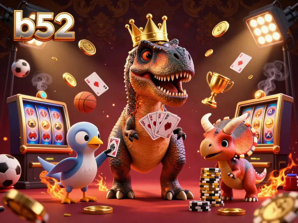 B52 casino illustration featuring a T-Rex shuffling cards, a pterodactyl helper, and a triceratops stacking chips.