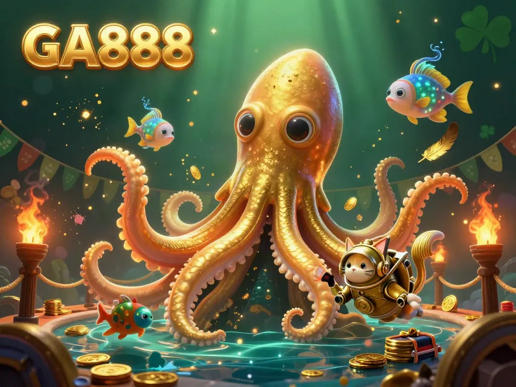 Engage in thrilling gambling action at GA888 featuring a kraken and diving cat amidst a treasure-filled arena.