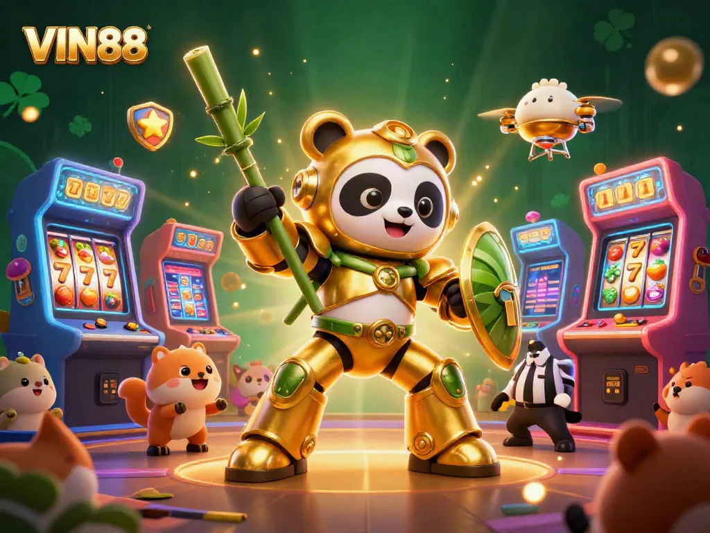 Experience the excitement of VIN88 with a vibrant illustration featuring a golden panda in a bamboo robot.