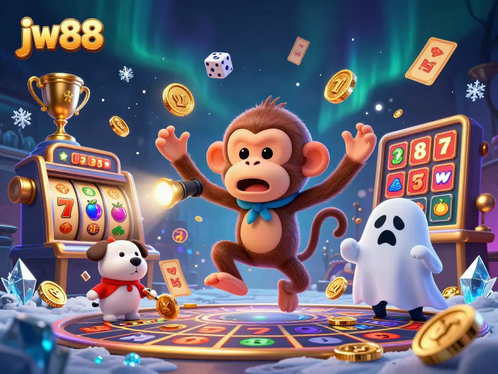 Experience thrilling wins at jw88 with a haunted casino scene featuring playful spirits and dynamic game elements.
