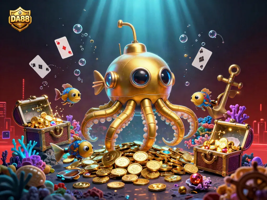 Win big with DA88 in this vibrant 3D casino treasure hunt illustration featuring a unique kraken submarine.