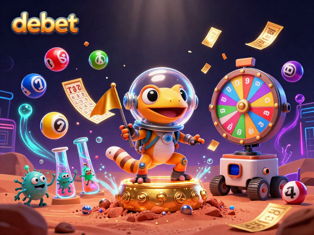 Engage with debet in a vibrant casino scene featuring a Martian gecko and alien elements.